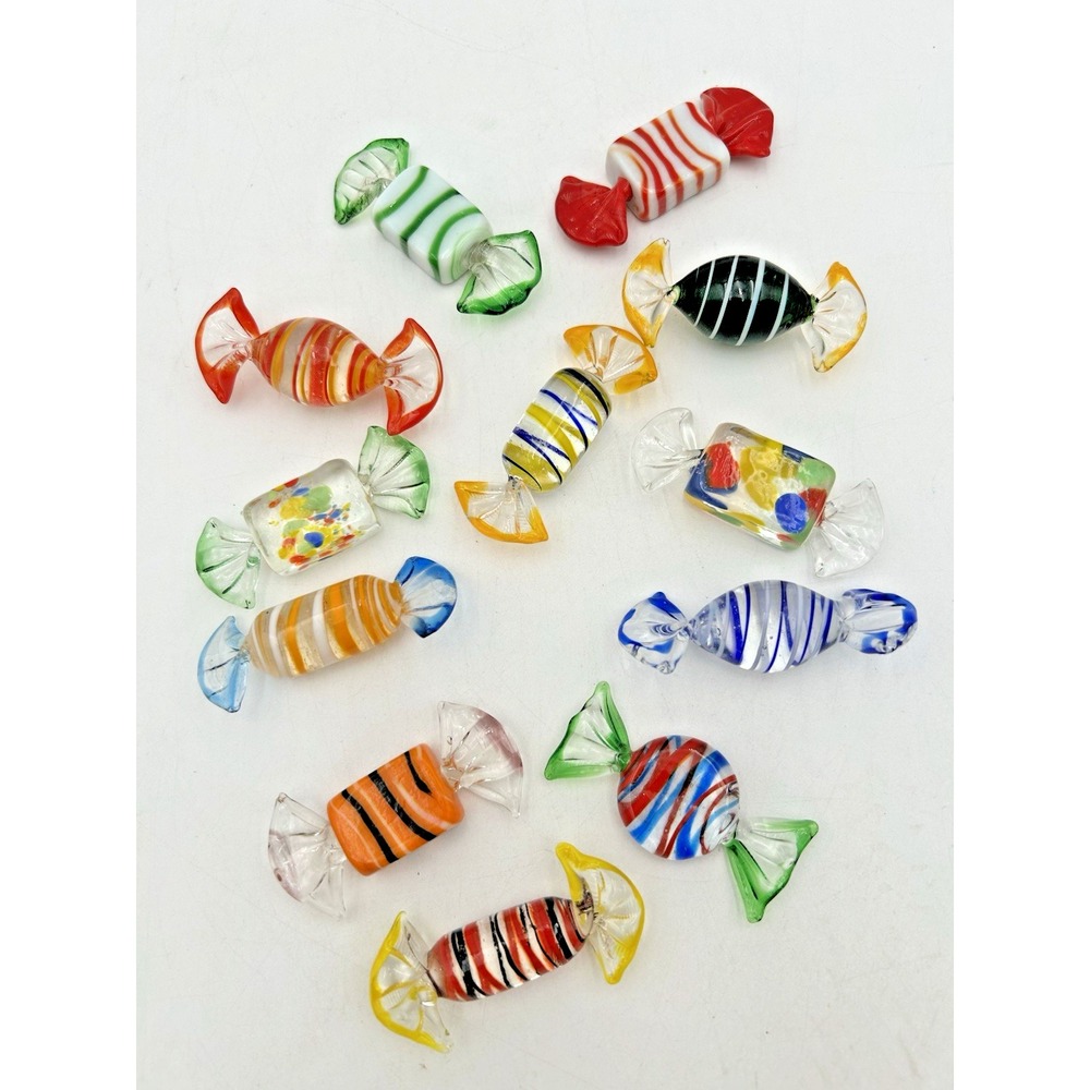Lot of 12 Vintage Colorful Blown Art Murano Style Glass Wrapped Candy Pieces (b)